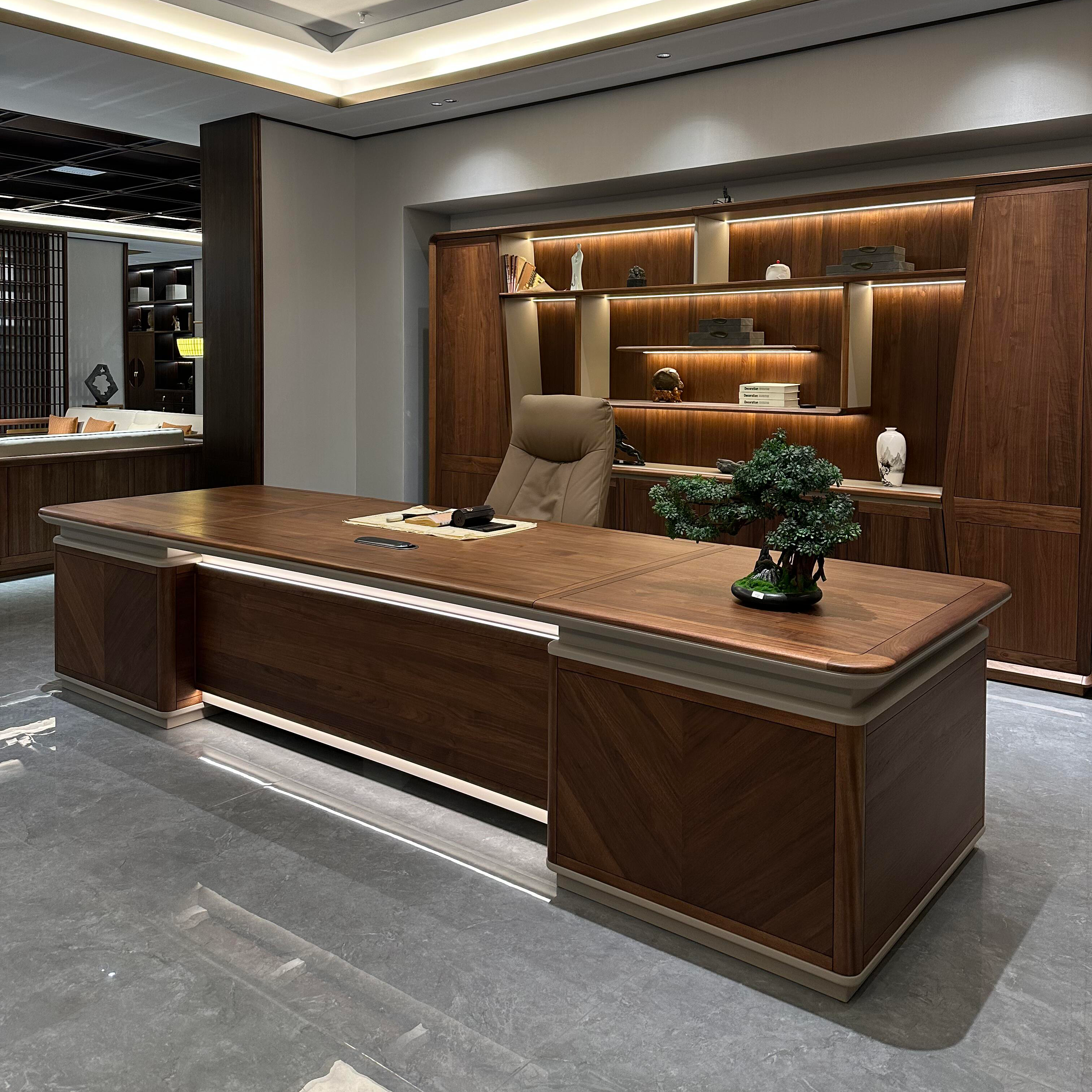 新中式北美胡桃木老板桌总裁桌全实木总经理董事长高级大气办公桌