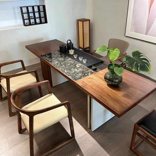 轻奢新中式实木茶桌简约黑胡桃木铂金钻岩板高级感茶室客厅泡茶台