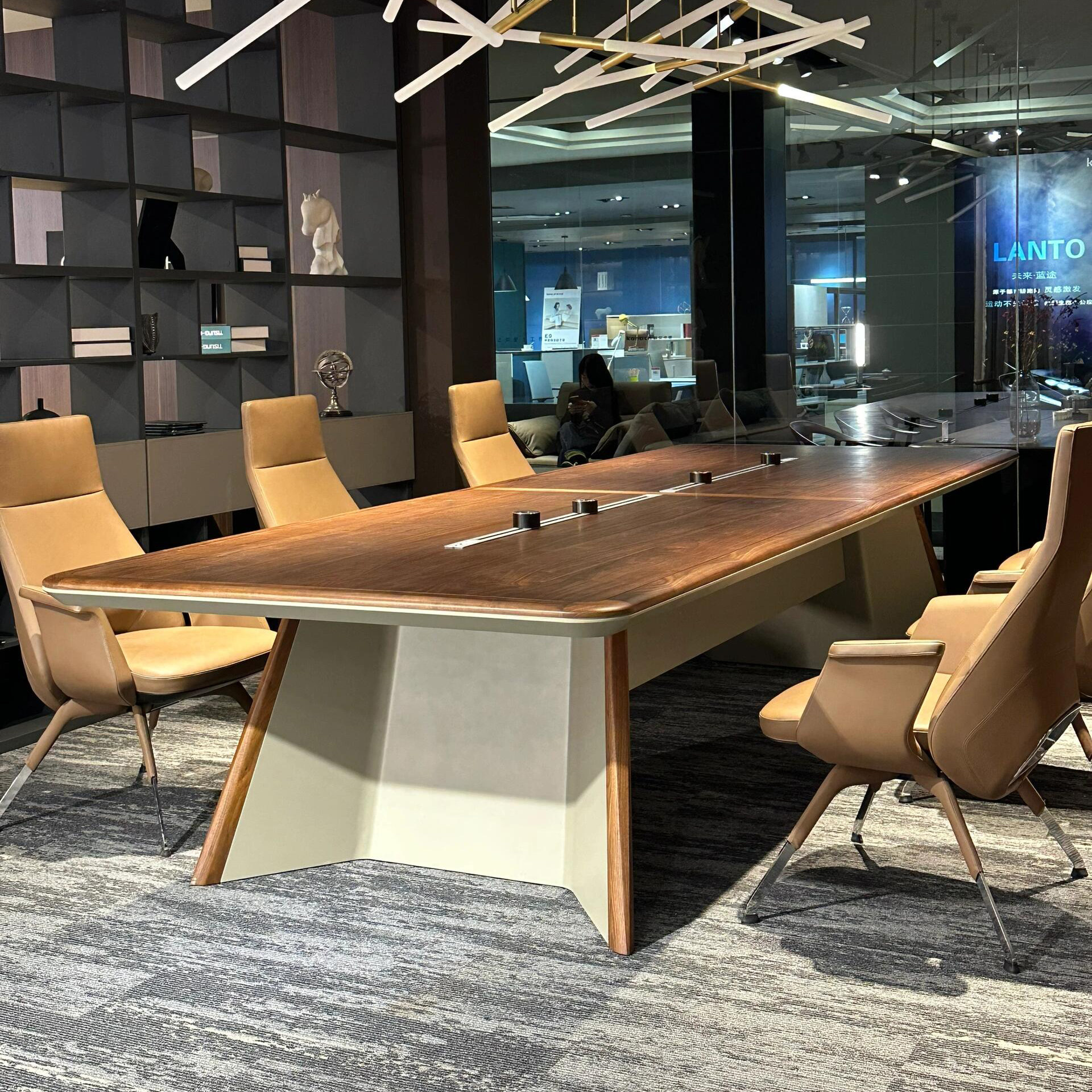 轻奢新中式会议桌实木黑胡桃木简约开会洽谈桌会客接待桌大型长桌