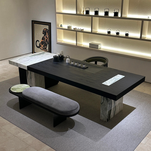 现代轻奢奢石茶台芬迪绿实木茶桌椅别墅办公室茶室设计师款泡茶桌