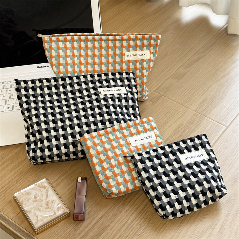 韩系ins编织大容量质感笔袋ins风格纹化妆包便携旅行收纳袋