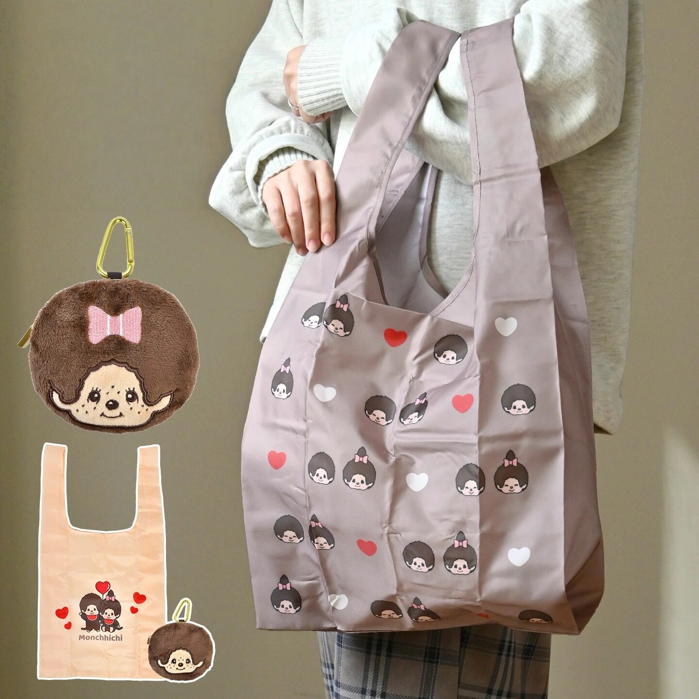 日系蒙奇奇刺绣毛绒挂件可爱单肩包学生大容量折叠环保袋手提包