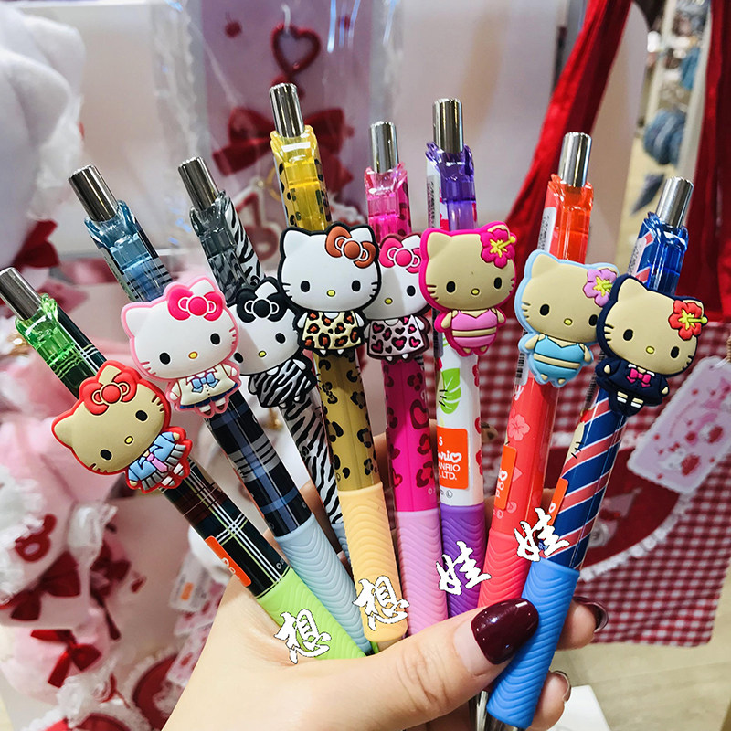 日本三丽鸥hello kitty黑皮豹纹公仔花朵文具黑色速干中性笔