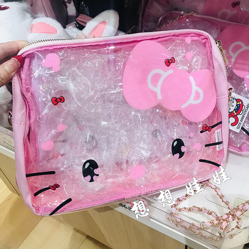现日本三丽鸥kitty50周年透明拉链单肩斜跨链条公仔应援痛包娃包