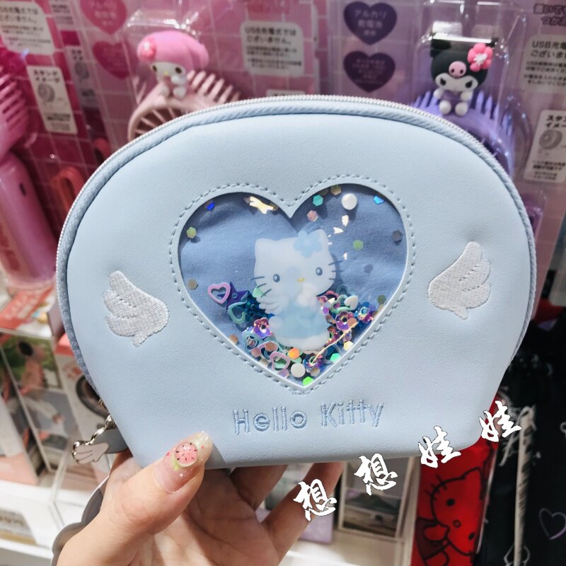 日本三丽鸥kitty蓝色天使爱心亮闪小物翻包化妆包收纳袋整理小包