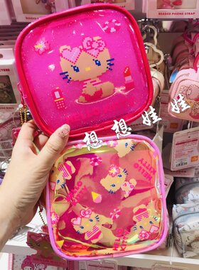 日本三丽鸥kitty黑皮细亮闪镭射小杂物整理翻包旅行化妆包收纳袋