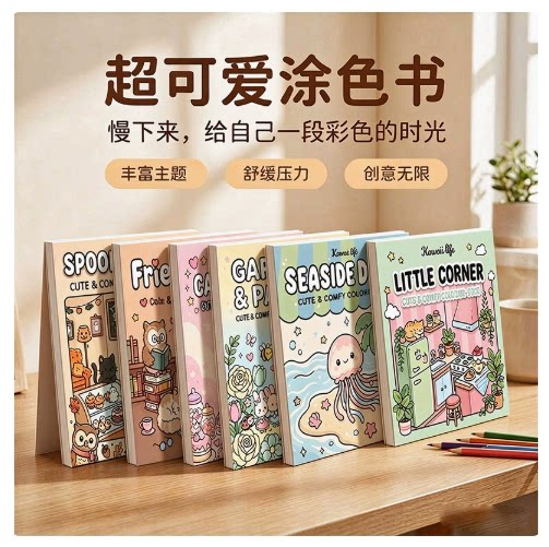 跨境超可爱涂色书儿童画画填色书加厚不渗色大人解压治愈着色画本
