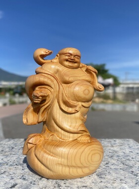 崖柏黄杨木雕如意布袋大肚弥勒