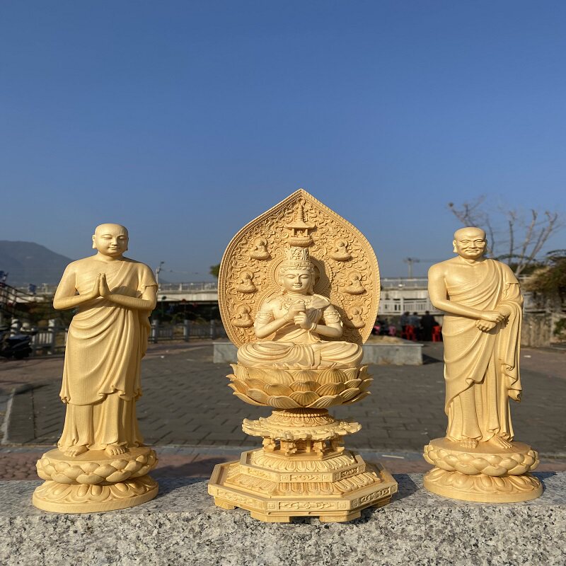 桧木精雕大如如来阿难迦叶尊者摆件居家佛堂寺庙供养装饰工艺