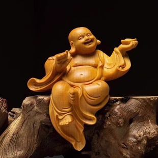太行崖柏悬空举元宝弥勒佛摆件实木雕刻人物饰品悬空无底座高9cm