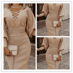 2021亚马逊跨境欧美针织衫 一步裙通勤连衣裙 连衣裙女抽褶泡泡袖