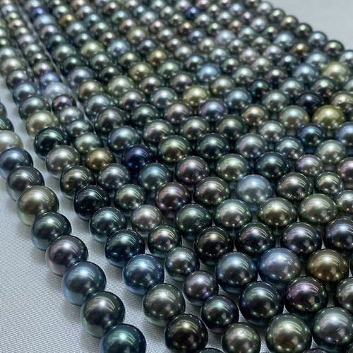 天然海水南洋大溪地黑珠项链正圆极强光混彩炫彩孔雀绿铂金灰颈链