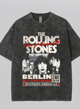 The Rolling Stones滚石乐队短袖T恤摇滚风复古纯棉水洗做旧衣服