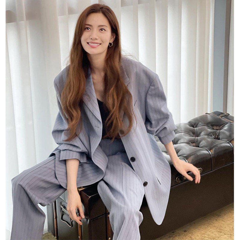 林珍娜明星同款条纹西装套装女春秋裤子两件套韩版气质西服时尚女