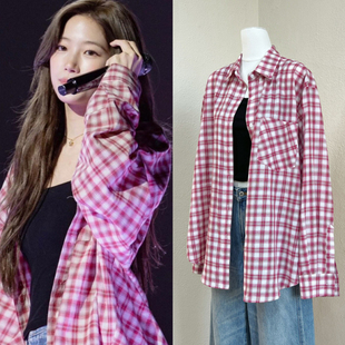 25款现货中村一叶同款红色格子长袖衬衫女夏季慵懒风韩版休闲外套