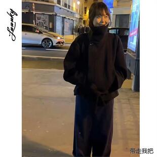 金敏喜明星同款黑色立领短款毛呢外套女加厚系带宽松羊毛呢子大衣