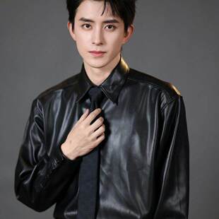 潮流敖瑞鹏明星同款翻领皮衣夹克男春秋新款休闲宽松衬衫高级感痞