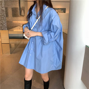 新款春秋新款女士蓝色衬衫裙韩版宽松大码oversize男友风慵懒长袖
