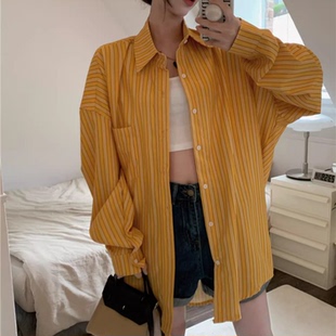 新款黄色条纹衬衫外套女夏季新款宽松大尺码阔型oversize薄款防晒