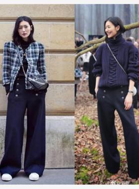 25款大表姐刘雯同款藏蓝色毛料女裤2025春秋宽松休闲阔腿裤直筒长