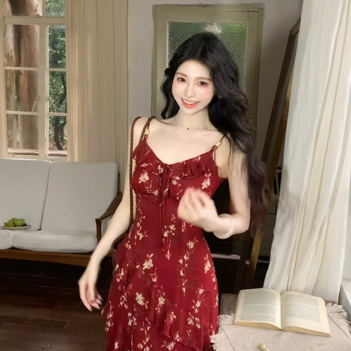 法式碎花复古夏季红色吊带连衣裙