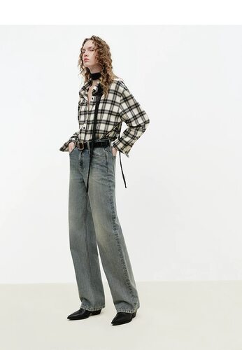 MOCO牛仔裤2026春新品精工烫钻高腰直筒怀旧灰蓝全棉工厂一手货