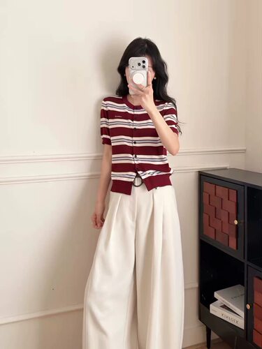 MOC0休闲现货老钱风条纹短袖T恤女2026春季新款宽松显瘦百搭上衣