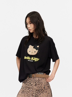 芮家黑皮HelloKitty假日感鱼子酱黑色宽松T恤棉亚麻混纺短袖