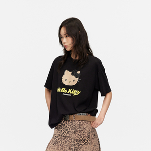 芮家黑皮HelloKitty假日感鱼子酱黑色宽松T恤棉亚麻混纺短袖