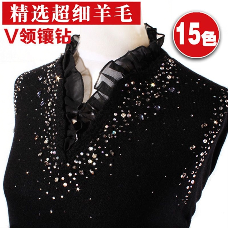 v领蕾丝镶钻中老年妈妈套头毛衣