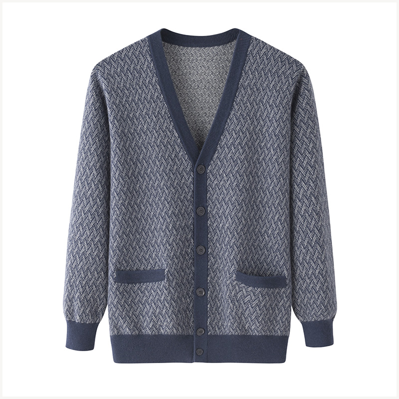 男士V领羊绒衫提花加厚开衫宽松大码中老年羊毛衫外套毛衣针织衫