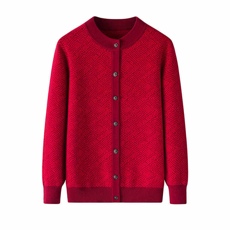 中老年男女圆领加厚开衫宽松大码红色外套羊毛衫情侣款毛衣针织衫