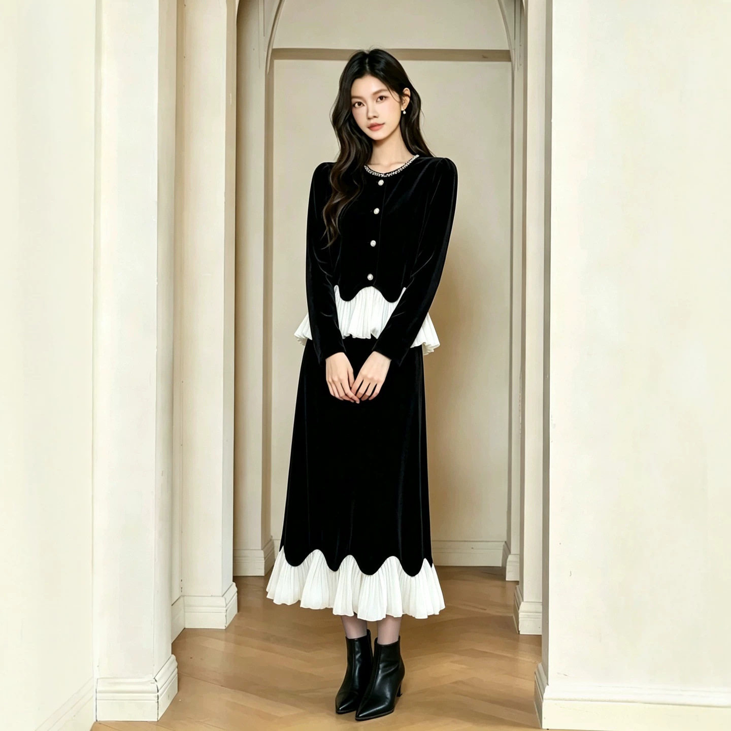 南油26法式丝绒上衣女秋季圆领镶钻珍珠扣设计感下摆拼接百褶上衣