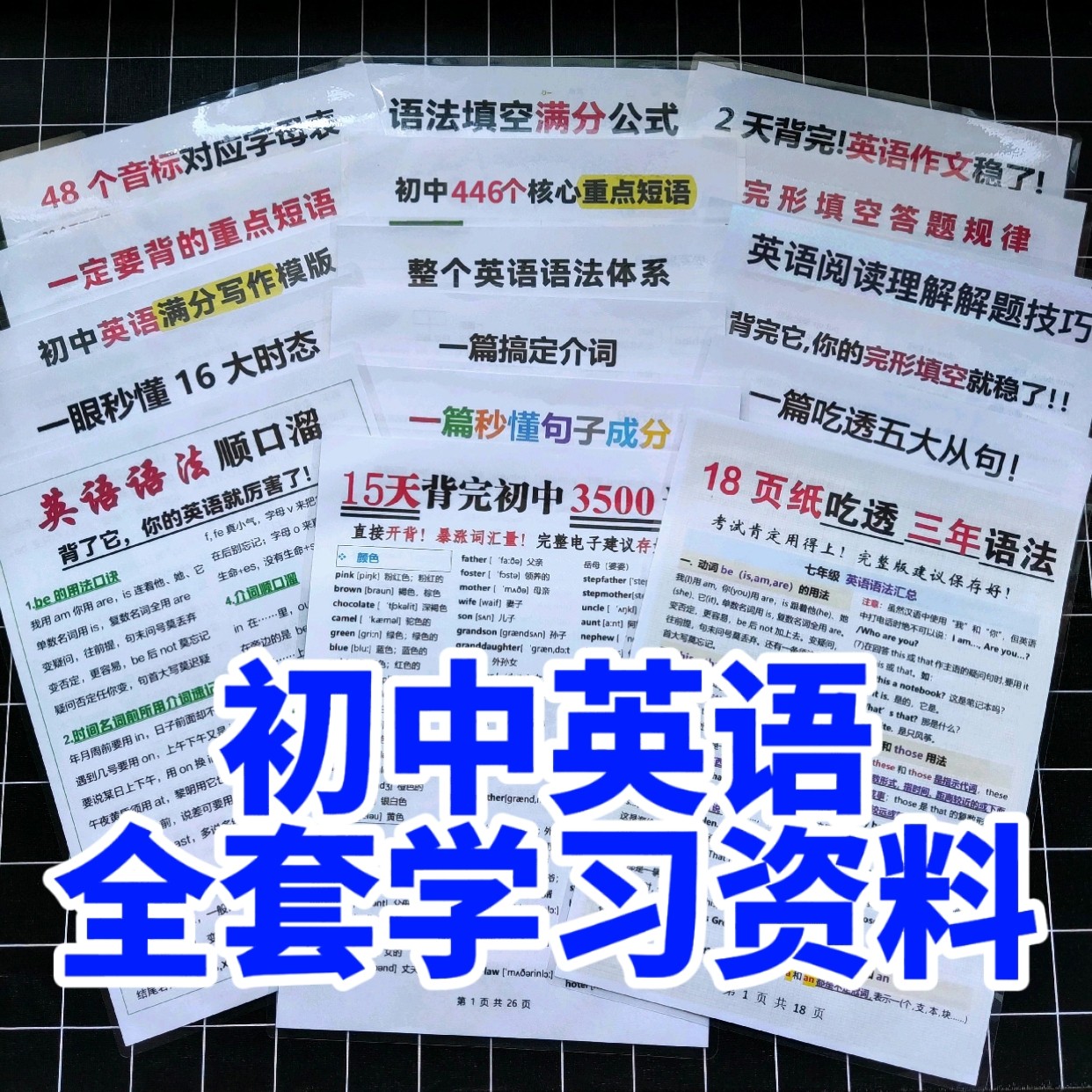 初中英语全套资料单词短语句子时态语法作文知识点塑封学习卡片