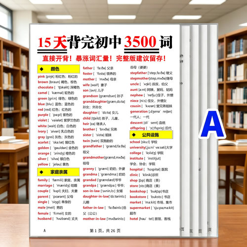 初中英语必背3500个单词汇总通用版分类带音标速记A4塑封学习卡片