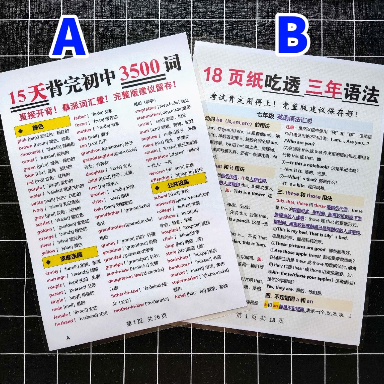 18页吃透初中三年英语语法大全3500个单词汇总复习A4塑封学习卡片