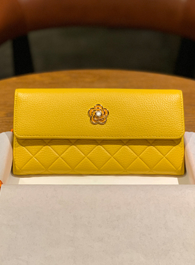 黄色招财长款钱包女新款2025爆款真皮花朵长夹菱格小香风可放手机