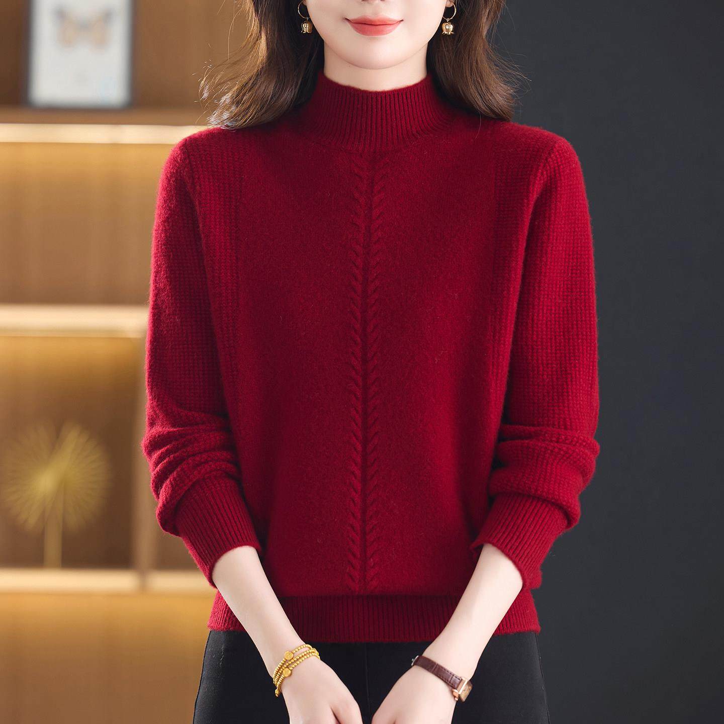红色半高领羊毛衫女100纯羊毛冬季新款宽松妈妈厚针织打底衫毛衣