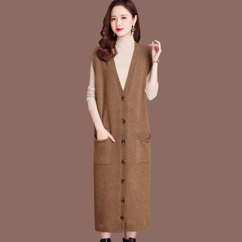 长款马甲女春秋新款毛衣羊毛开衫外套宽松针织马夹背心外搭羊绒衫