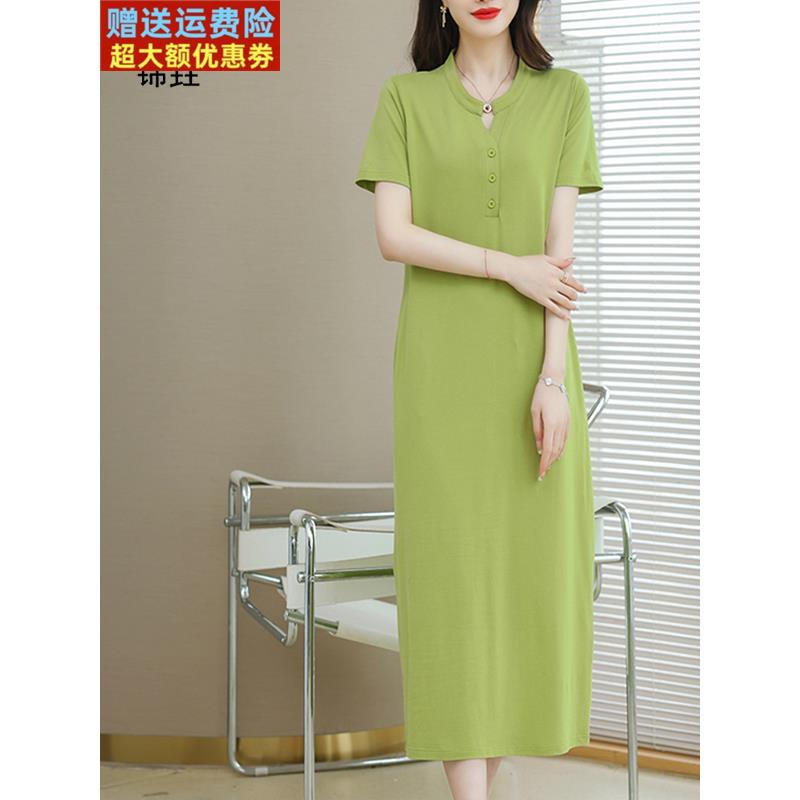 高级感连衣裙女夏季纯棉短袖t恤裙长款宽松大码休闲显瘦全棉裙子