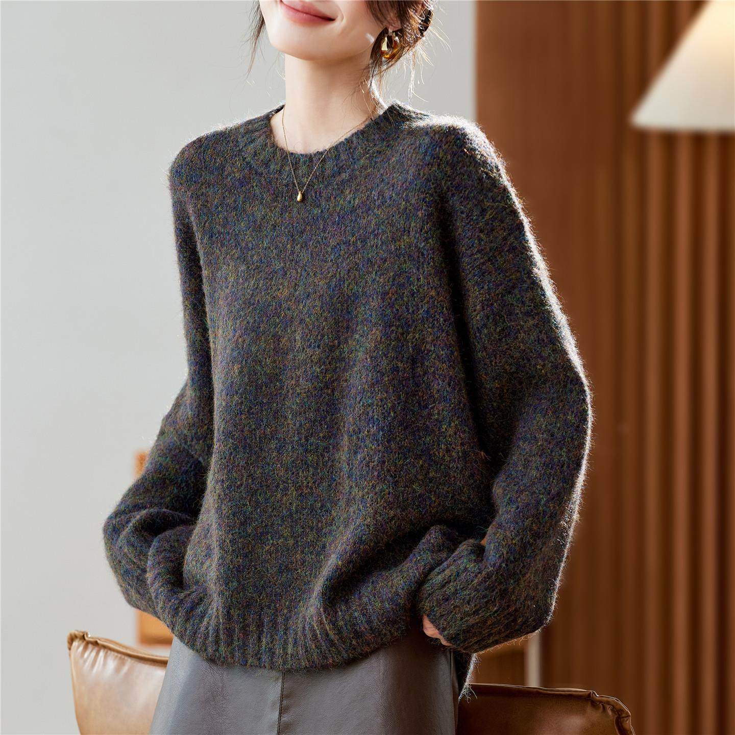 灰色高级感圆领长袖加厚针织衫女秋冬季2025新款大码套头毛衣女装