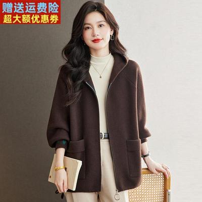 秋冬季羊毛大衣小个子毛呢外套中长款2025新款女开衫宽松连帽大衣