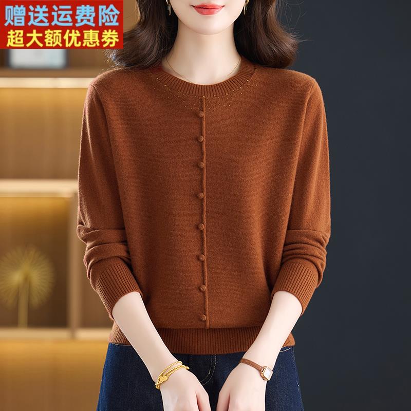 新款100%纯羊绒衫女秋冬圆领套头毛衣宽松显瘦减龄妈妈羊毛打底衫
