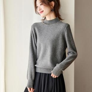 时尚亮片毛衣女2025秋冬季短款宽松半高领针织打底衫漂亮钉珠内搭
