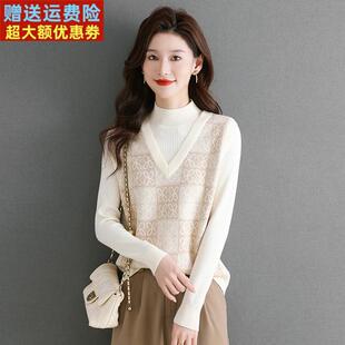 秋冬新款时尚假两件半高领针织毛衣女短款宽松显瘦遮羊毛打底衫