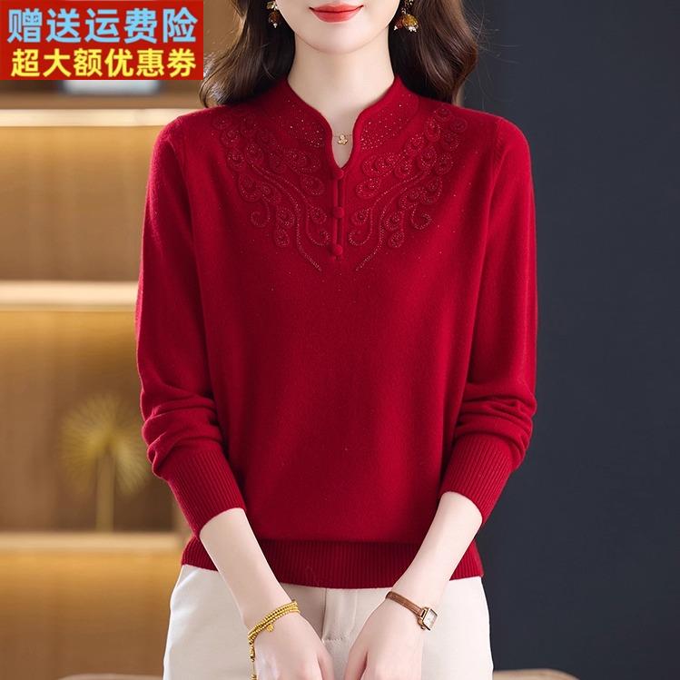 新款100%纯羊绒衫女秋冬毛衣时尚宽松减龄高端镶钻妈妈打底衫上衣