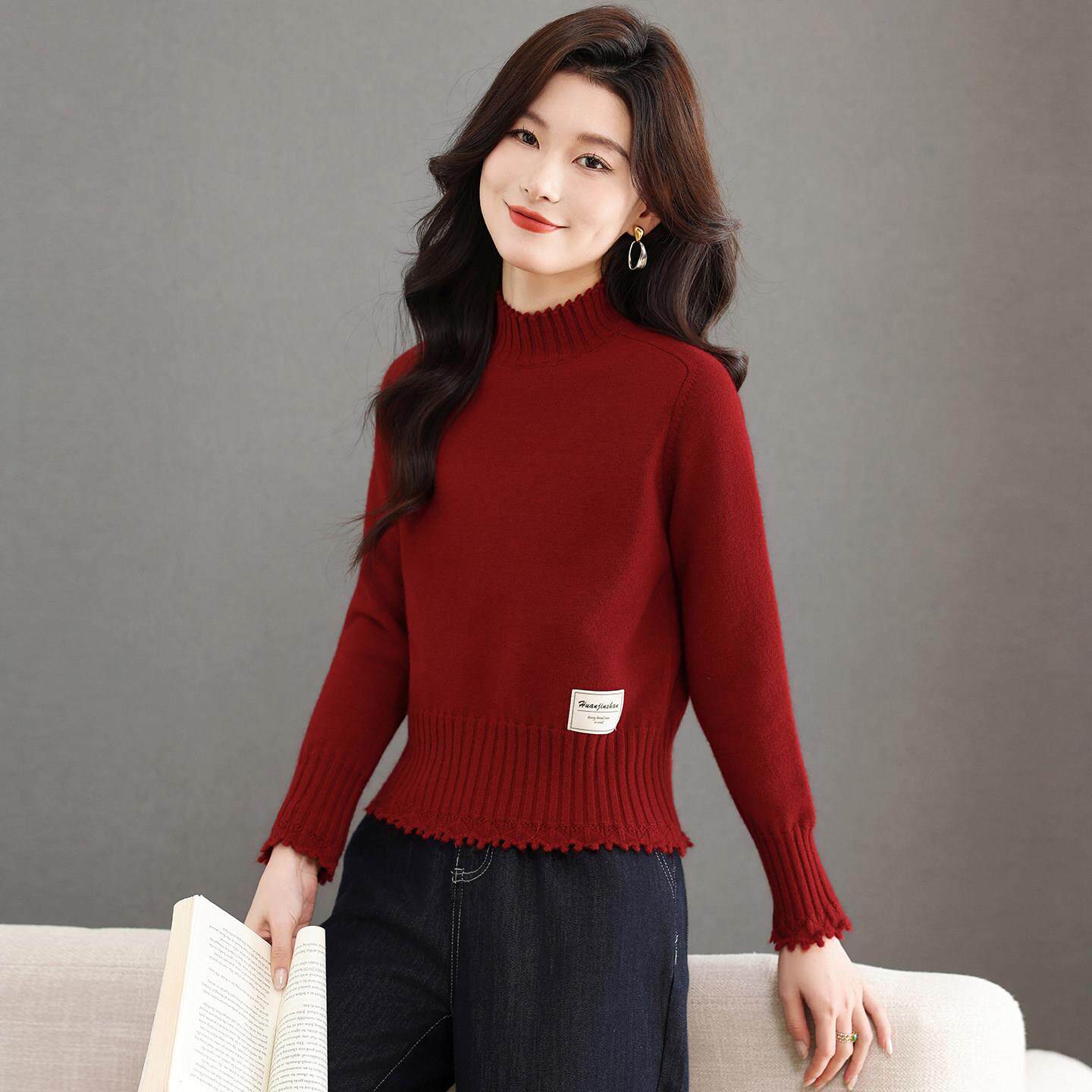 新款半高领毛衣女冬短款高腰小个子针织打底衫时尚流苏配裙子上衣