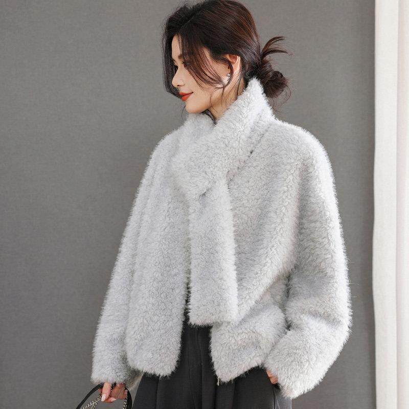 围巾领卷毛皮草外套女短款水貂绒毛毛外套羊羔毛上衣冬季皮毛一体