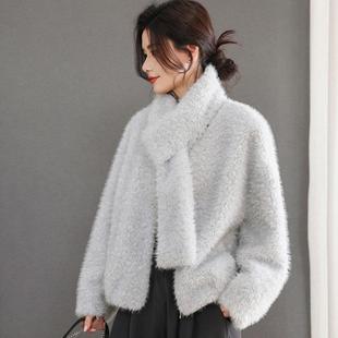 围巾领卷毛皮草外套女短款水貂绒毛毛外套羊羔毛上衣冬季皮毛一体