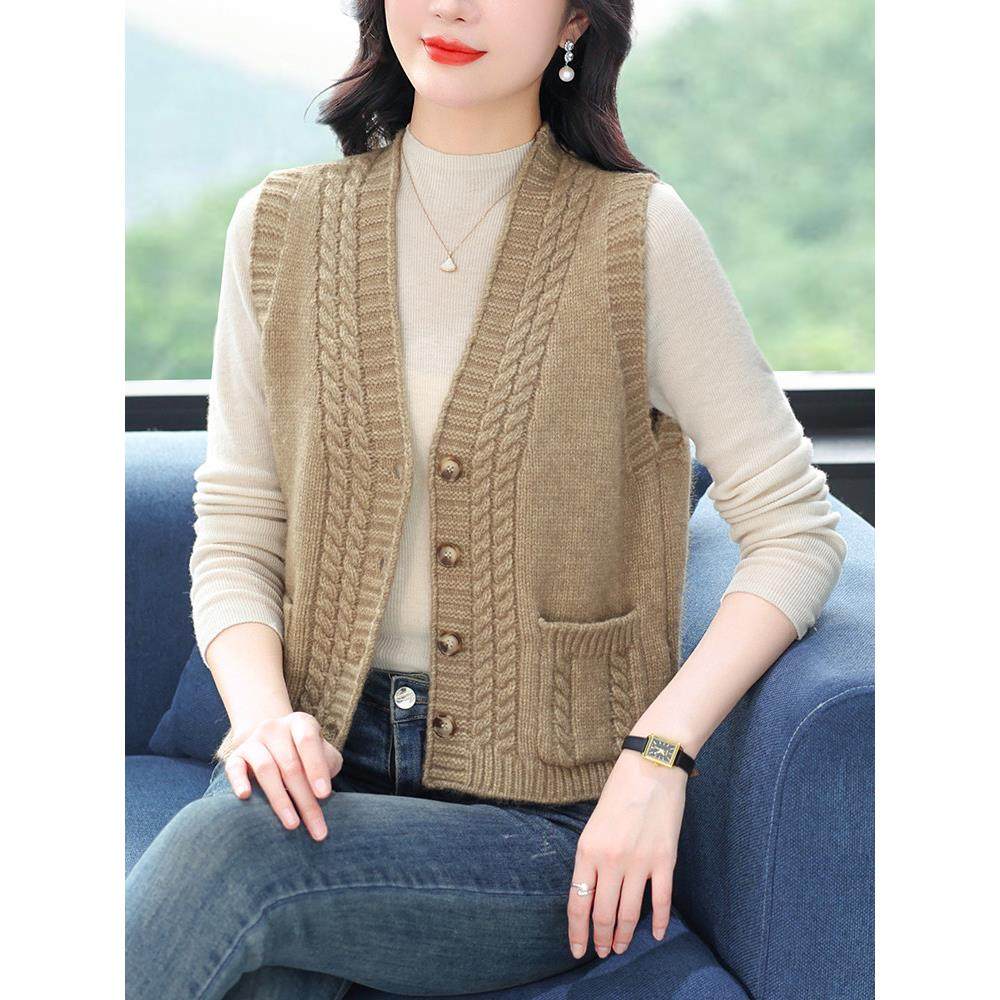 针织纯羊毛短款马甲女士小个子新款春秋洋气马夹毛衣背心外搭开衫